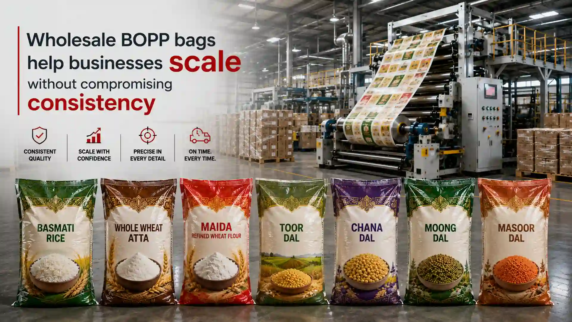 High-quality BOPP Bags Wholesale solutions featuring printed packaging bags for rice, flour, pulses, and food products, manufactured for consistent bulk supply.