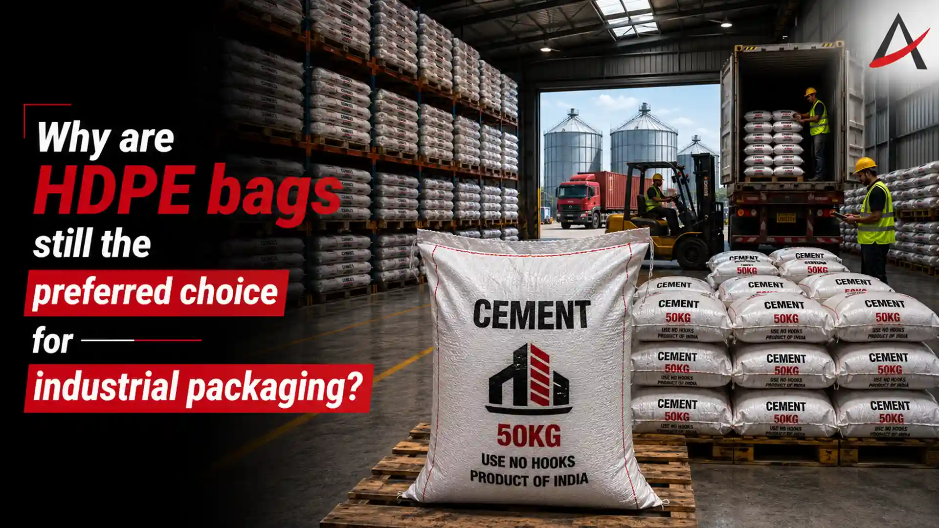 Heavy-duty HDPE Bag used for cement and industrial materials, showcasing high-strength packaging for safe storage, handling, and transportation in warehouse environments.