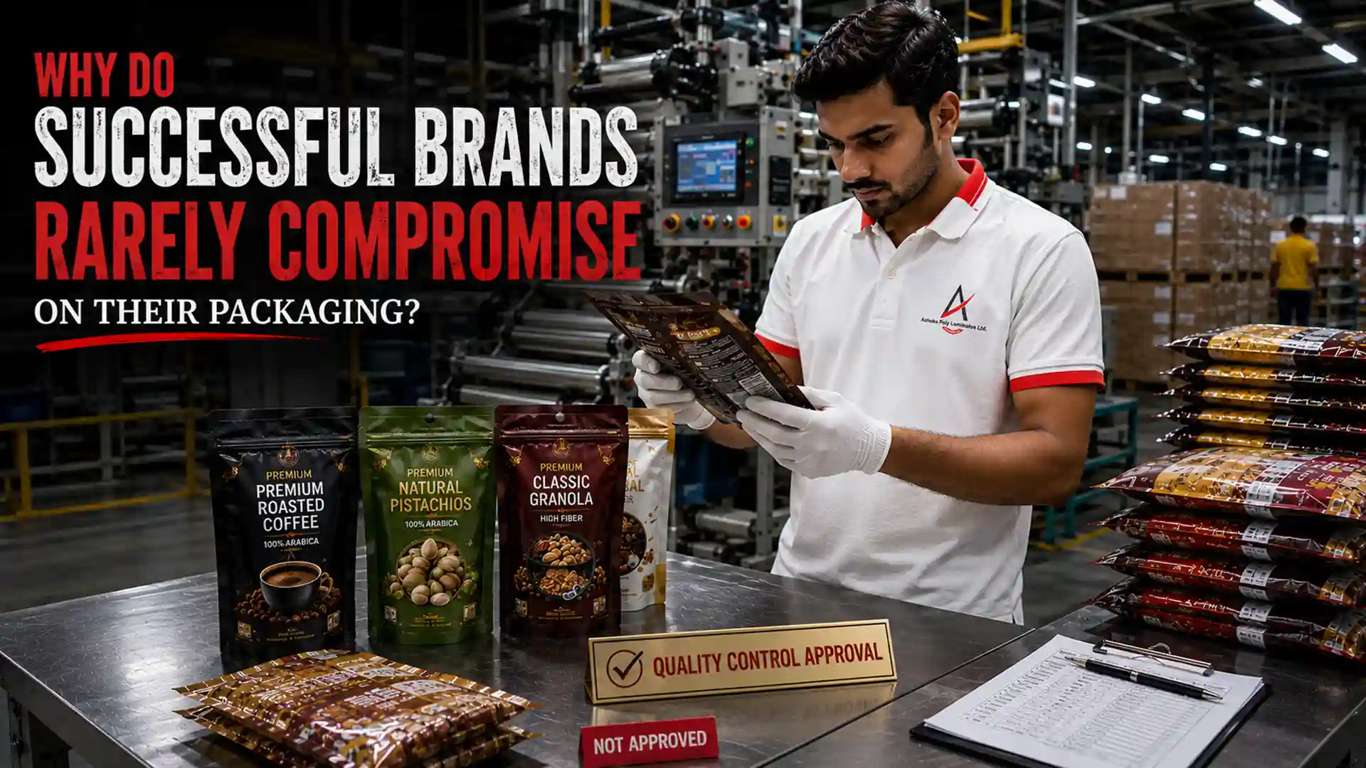 Quality inspection of premium laminated pouches by a trusted Laminated Packaging Manufacturer to ensure durable, attractive, and reliable packaging.