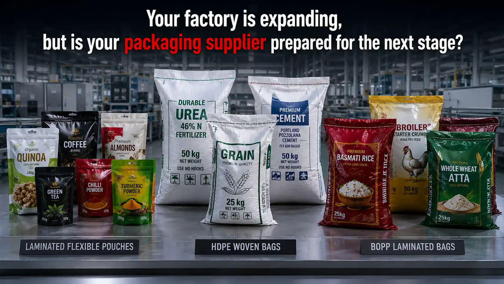 Flexible pouches, HDPE woven bags, and BOPP laminated bags from a trusted Industrial Packaging Supplier for diverse industries.