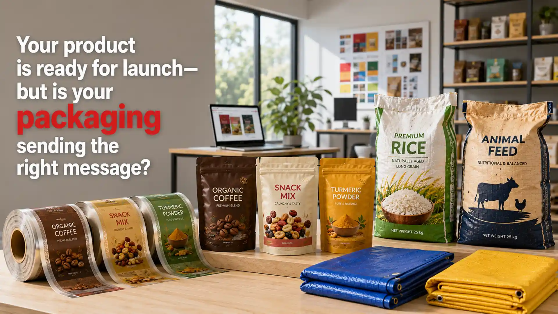 Custom pouches, woven bags, labels, and packaging materials showcasing a complete Packaging Solution for New Business.