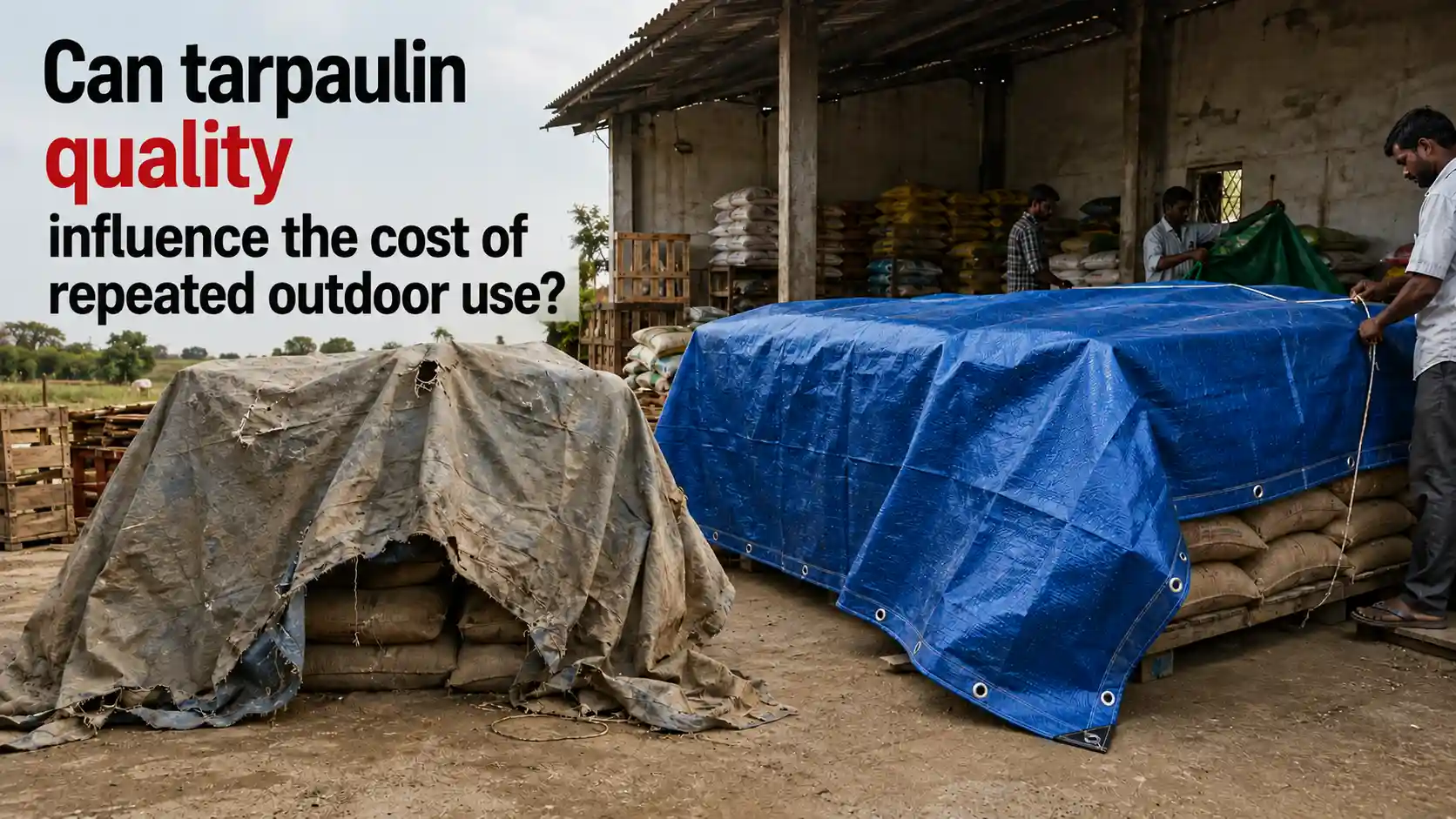 Best Tarpaulin Brand in India showing durable blue tarpaulin covering stored goods compared with a worn outdoor tarp