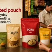 Laminated Pouch packaging for turmeric powder, besan, poha, and sugar displayed for convenient everyday product handling