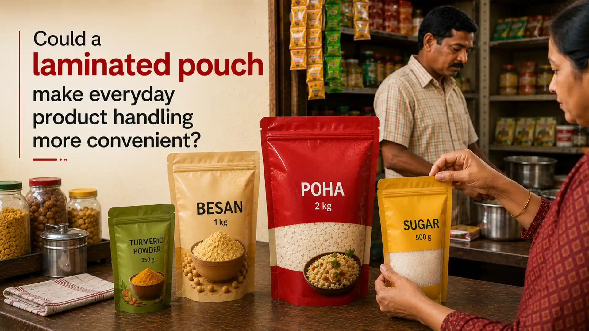 Laminated Pouch packaging for turmeric powder, besan, poha, and sugar displayed for convenient everyday product handling
