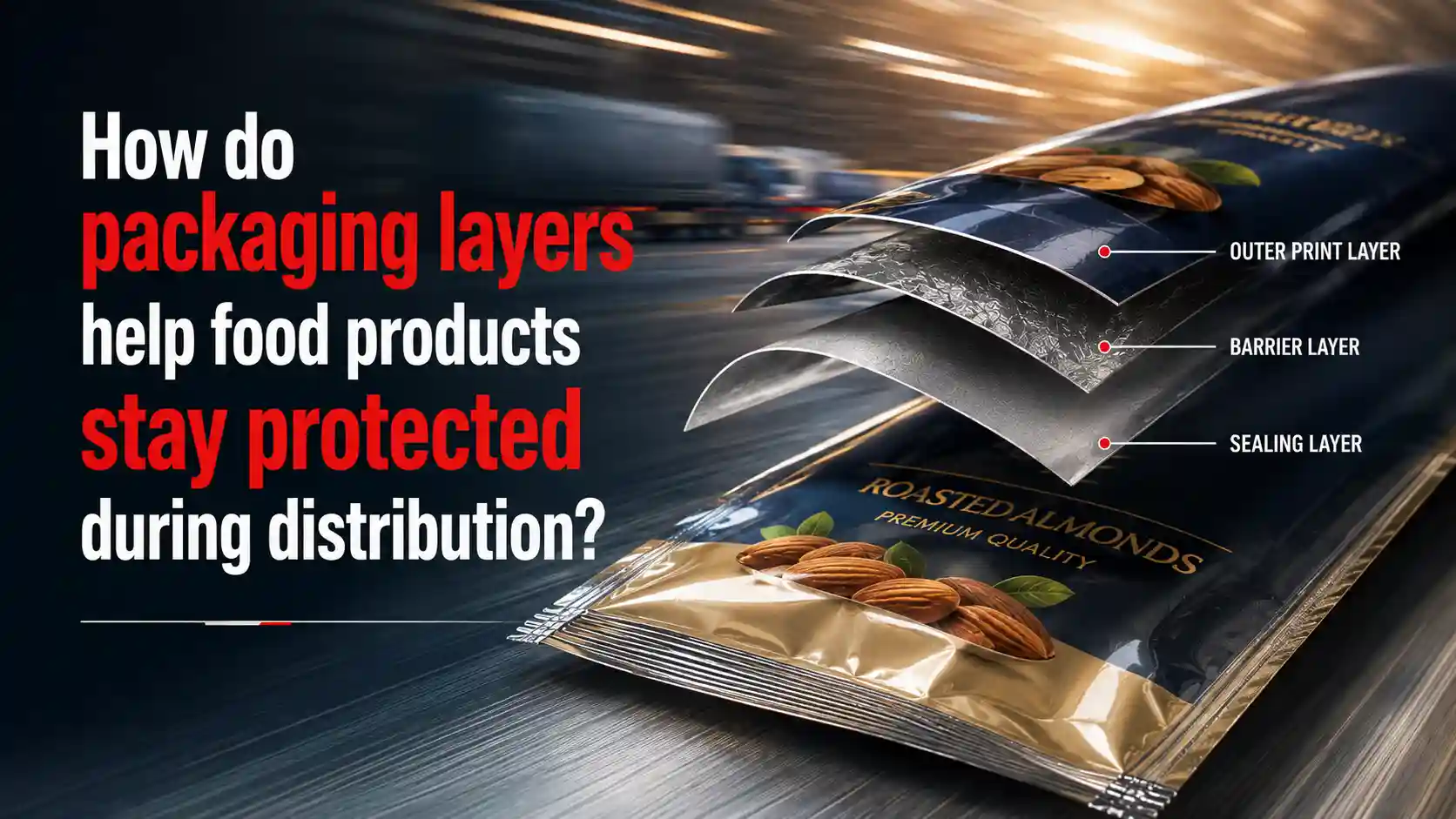 Laminated Food Packaging with outer print, barrier, and sealing layers
