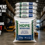 Stacked 50 kg HDPE Woven Bag packaging in a warehouse ready for storage and transportation