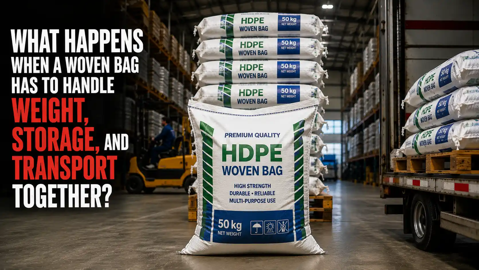 Stacked 50 kg HDPE Woven Bag packaging in a warehouse ready for storage and transportation