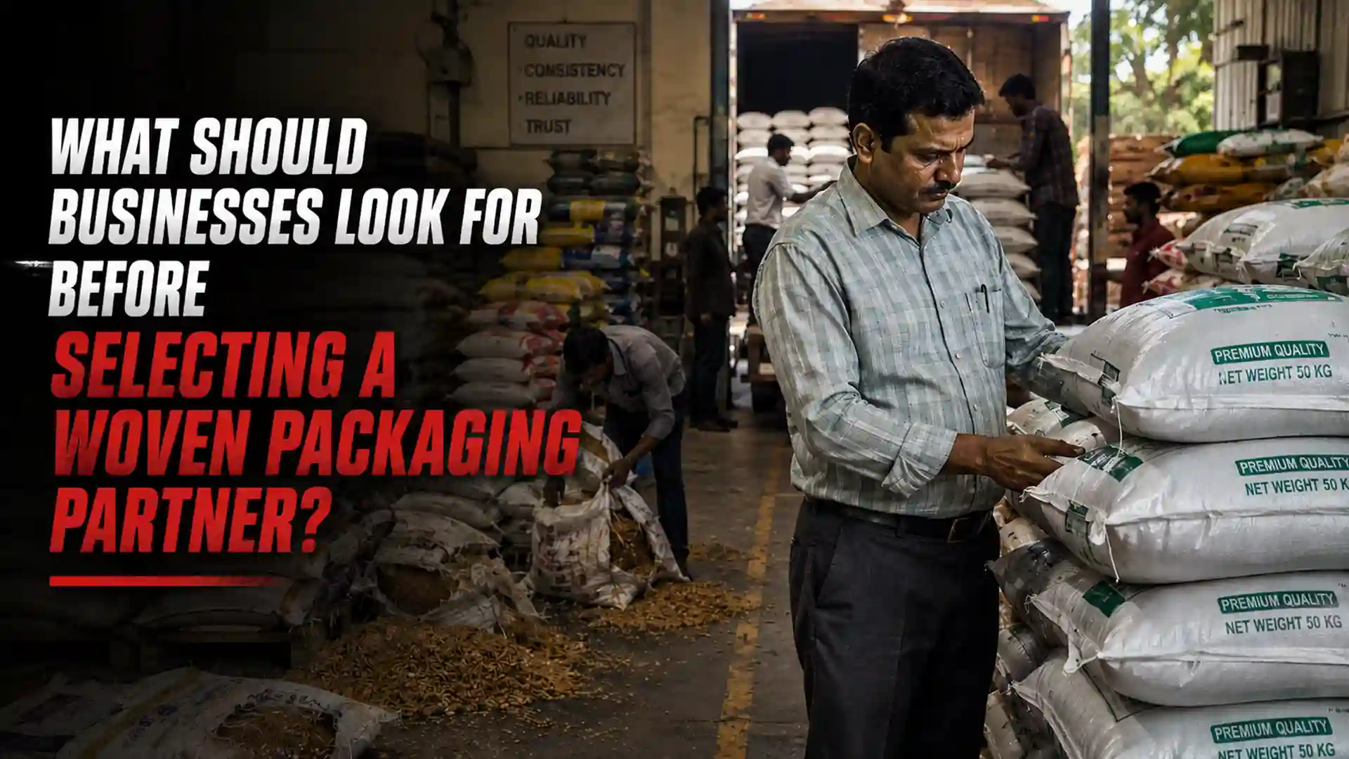 Quality inspection of industrial packaging by a trusted PP Woven Bags Manufacturer, ensuring durable, high-strength woven bags for safe product storage and transportation.