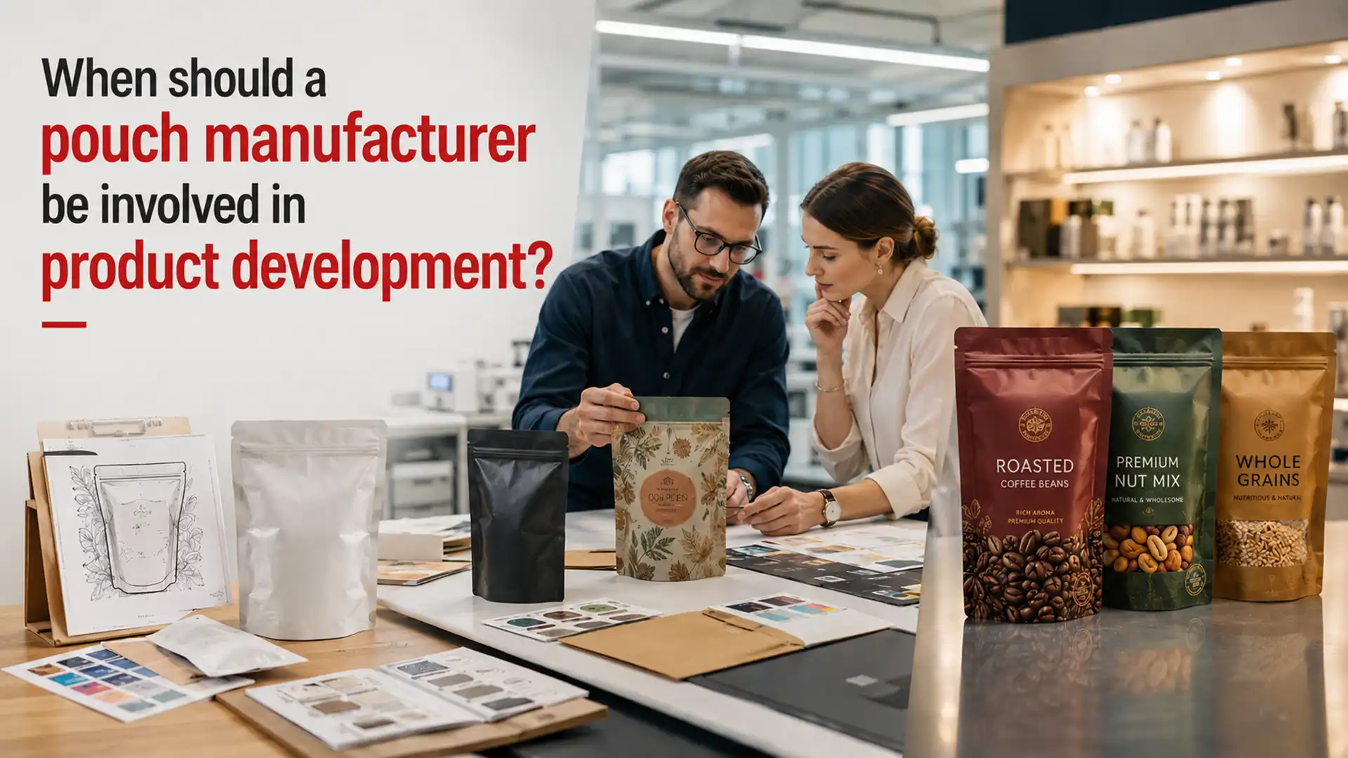 Packaging team reviewing product designs and laminated pouches for new product development
