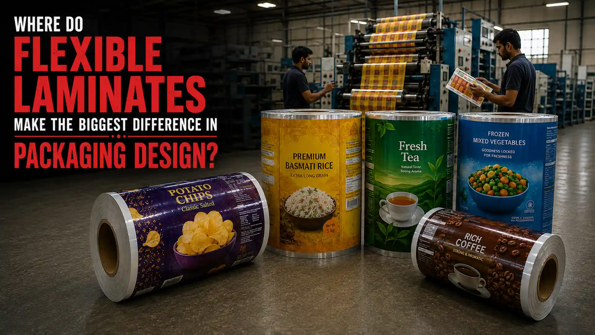 Flexible Laminates displayed in printed rolls for rice, tea, frozen vegetables, chips, and coffee packaging applications
