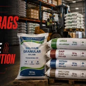HDPE Bag used for bulk fertilizer storage, pallet handling, forklift movement, and distribution inside a warehouse