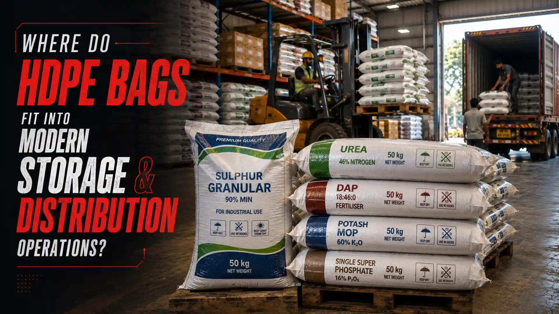 HDPE Bag used for bulk fertilizer storage, pallet handling, forklift movement, and distribution inside a warehouse