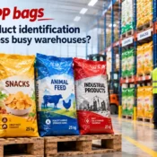 Color-coded packaging from a BOPP Bags Manufacturer helping distinguish grains, snacks, animal feed and industrial products in a busy warehouse