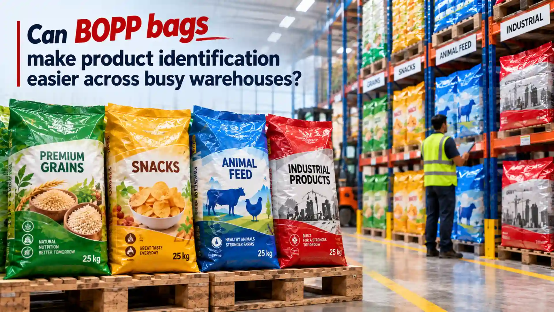 Color-coded packaging from a BOPP Bags Manufacturer helping distinguish grains, snacks, animal feed and industrial products in a busy warehouse