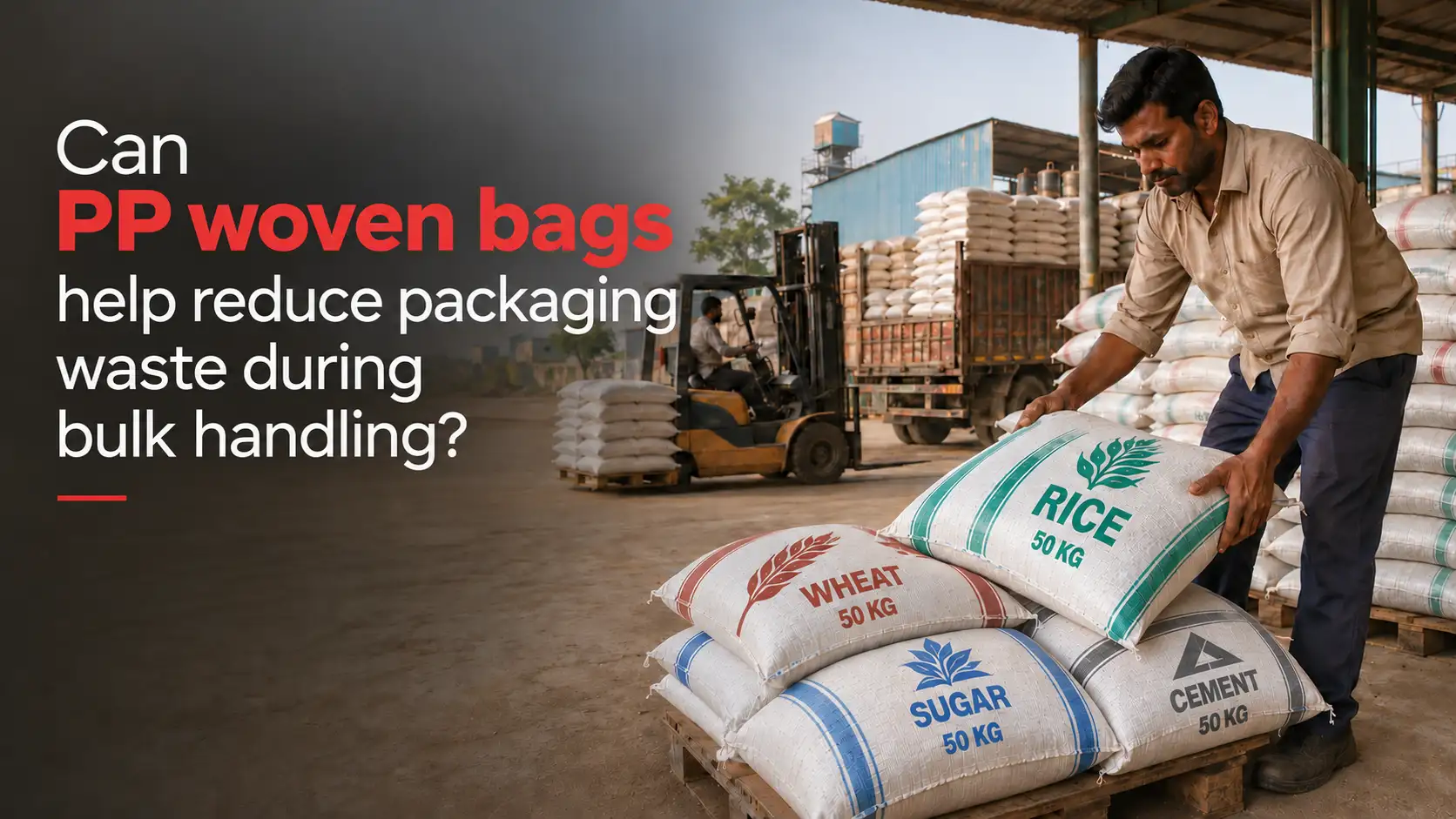 PP Woven Bags Supplier providing durable 50 kg woven bags for rice, wheat, sugar, and cement during bulk handling