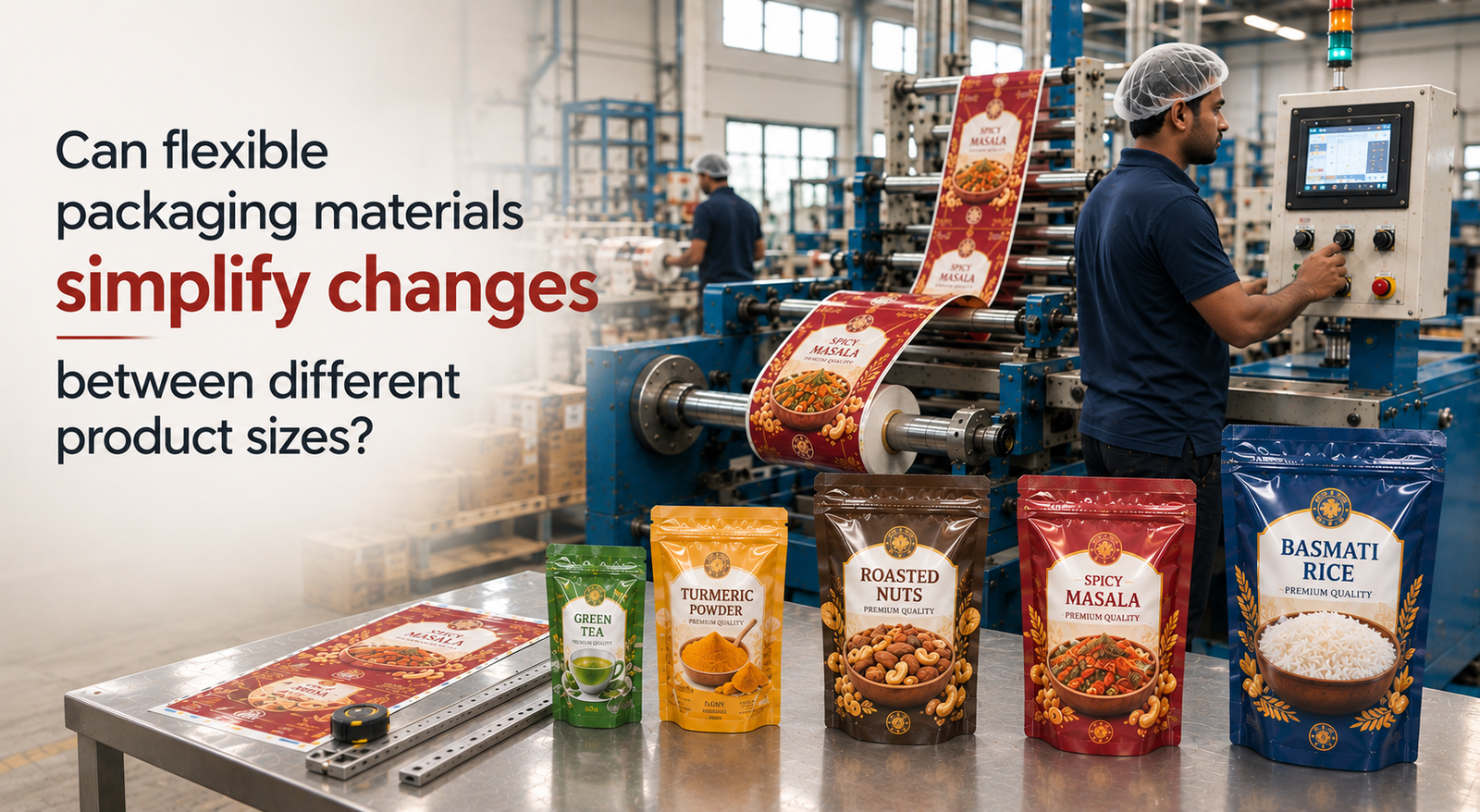 Flexible Packaging Materials produced in multiple pouch sizes for tea, spices, nuts, masala and rice products