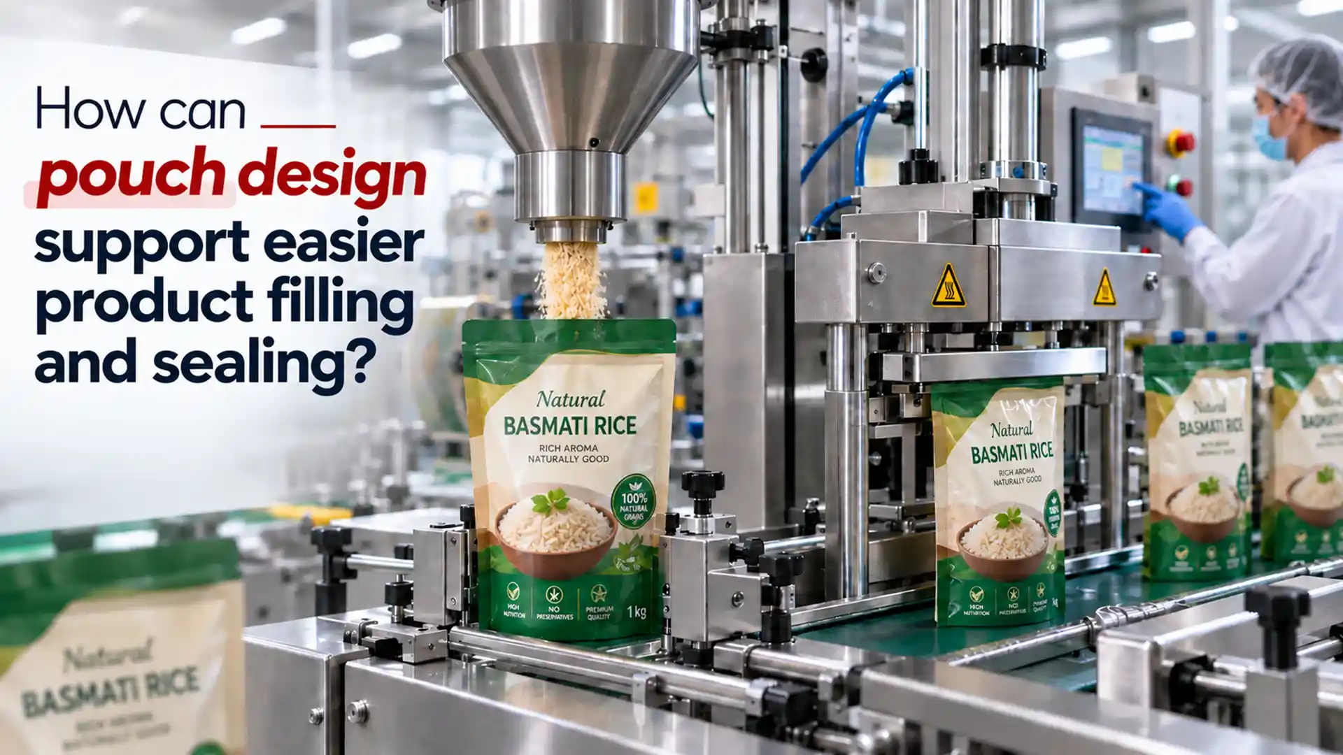 Packaging Pouch Manufacturers producing stand-up rice pouches designed for smooth machine filling, sealing, and conveyor handling