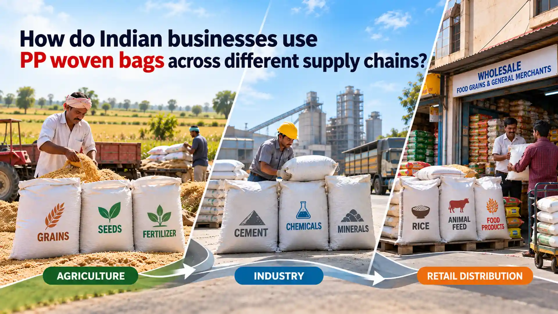 PP Woven Bags Manufacturer in India supplying woven bags for agriculture, industrial materials, and retail distribution across different supply chains