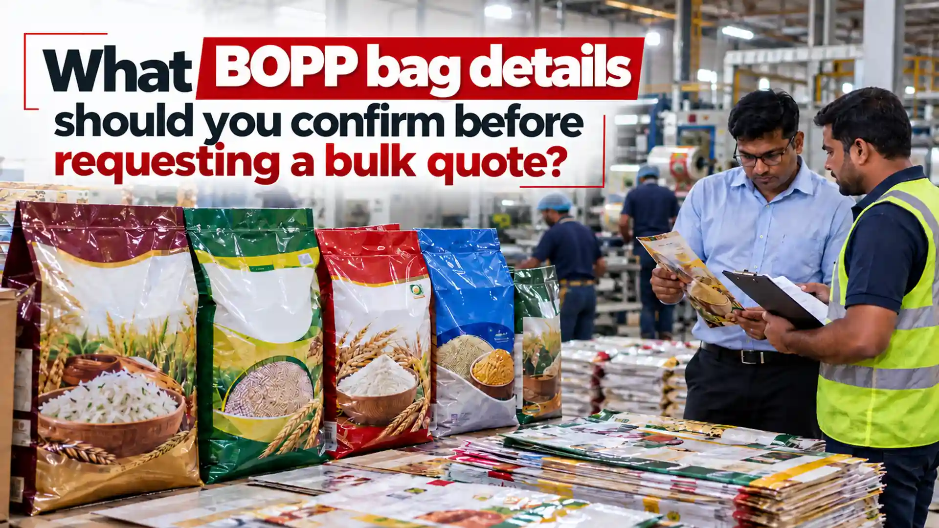 BOPP Bags Manufacturer reviewing printed bag samples, sizes, designs, and packaging specifications before preparing a bulk quotation