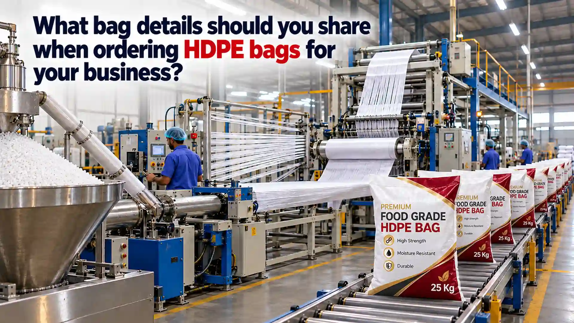 HDPE Bag Manufacturers producing 25 kg food-grade HDPE bags on an automated factory line with woven material processing and bag finishing equipment