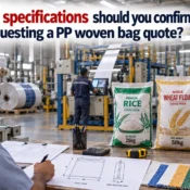 PP Woven Bags Supplier reviewing bag dimensions, weight capacity, gusset size, printing, and material specifications for rice, flour, and pulses packaging