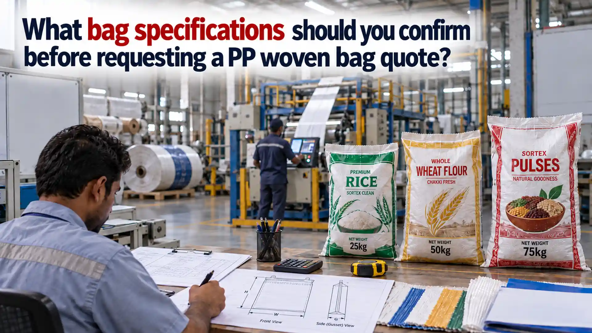 PP Woven Bags Supplier reviewing bag dimensions, weight capacity, gusset size, printing, and material specifications for rice, flour, and pulses packaging