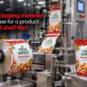Flexible Packaging Materials running through a packaging machine to produce sealed roasted snack pouches for products with limited shelf life