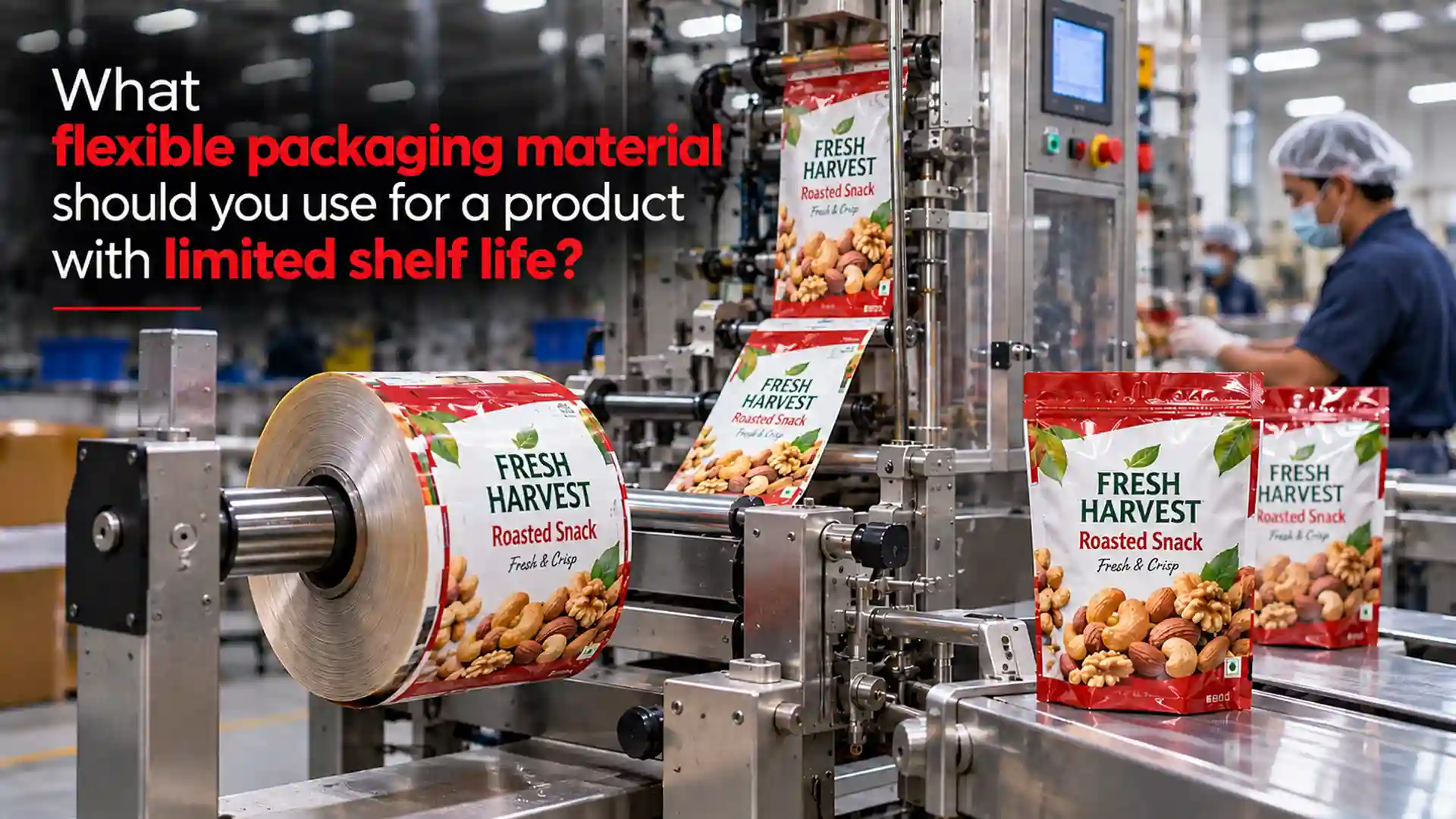 Flexible Packaging Materials running through a packaging machine to produce sealed roasted snack pouches for products with limited shelf life