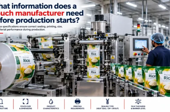 What information does a pouch manufacturer need before production starts?