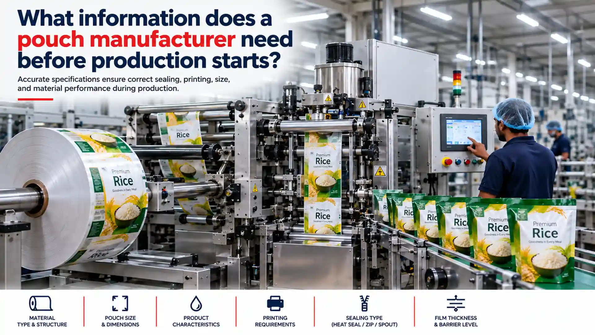 Laminated Pouch Manufacturer operating a packaging machine with printed rice pouch film while reviewing pouch size, material, sealing, printing, and barrier specifications