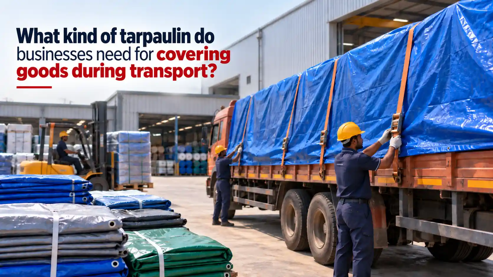 Tarpaulin Manufacturer supplying heavy-duty blue tarpaulin used to securely cover goods on a transport truck at an industrial facility