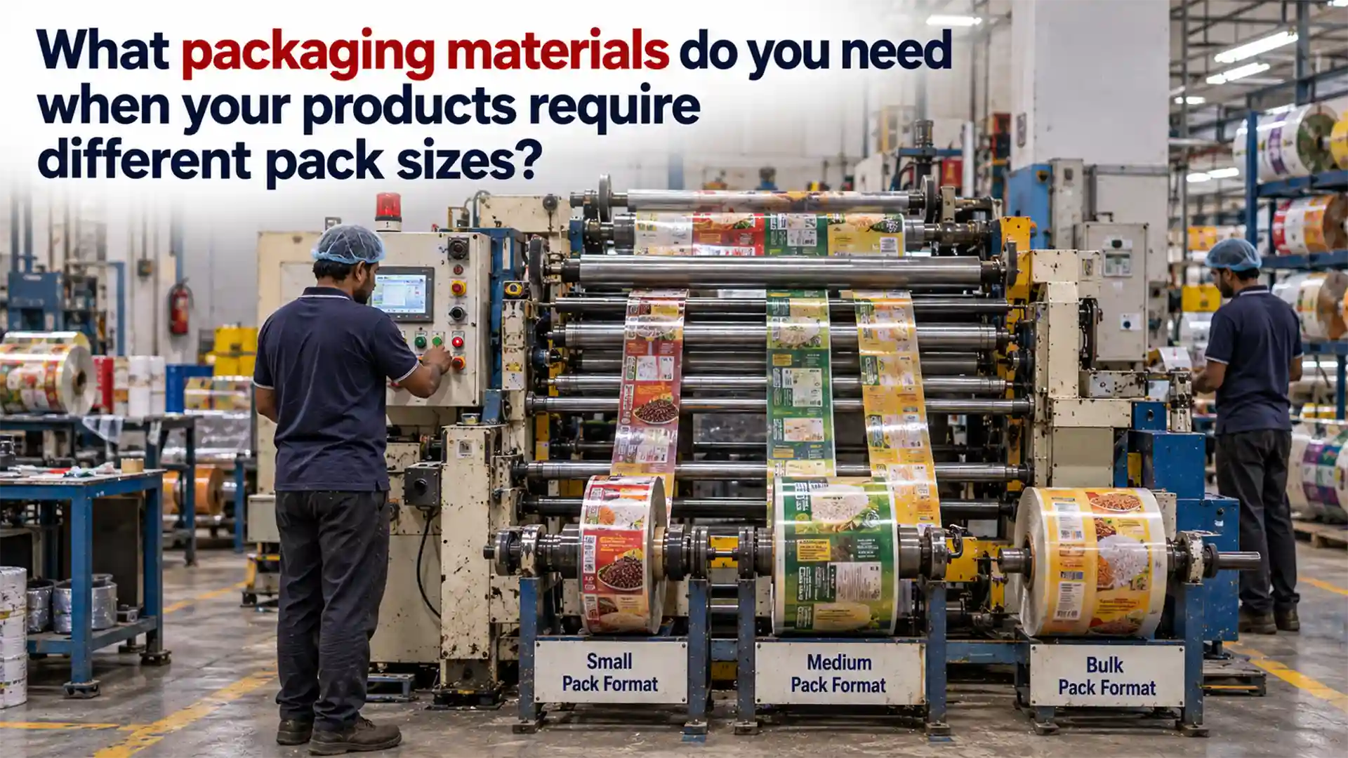 Packaging Material Supplier supporting small, medium, and bulk pack formats with printed flexible packaging rolls on a production line