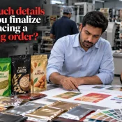 Packaging Pouch Manufacturers reviewing pouch sizes, materials, colors, printing designs, and product requirements before starting a packaging order