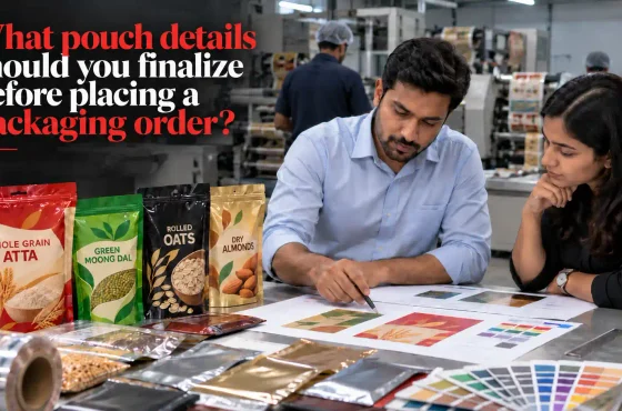 What pouch details should you finalize before placing a packaging order?
