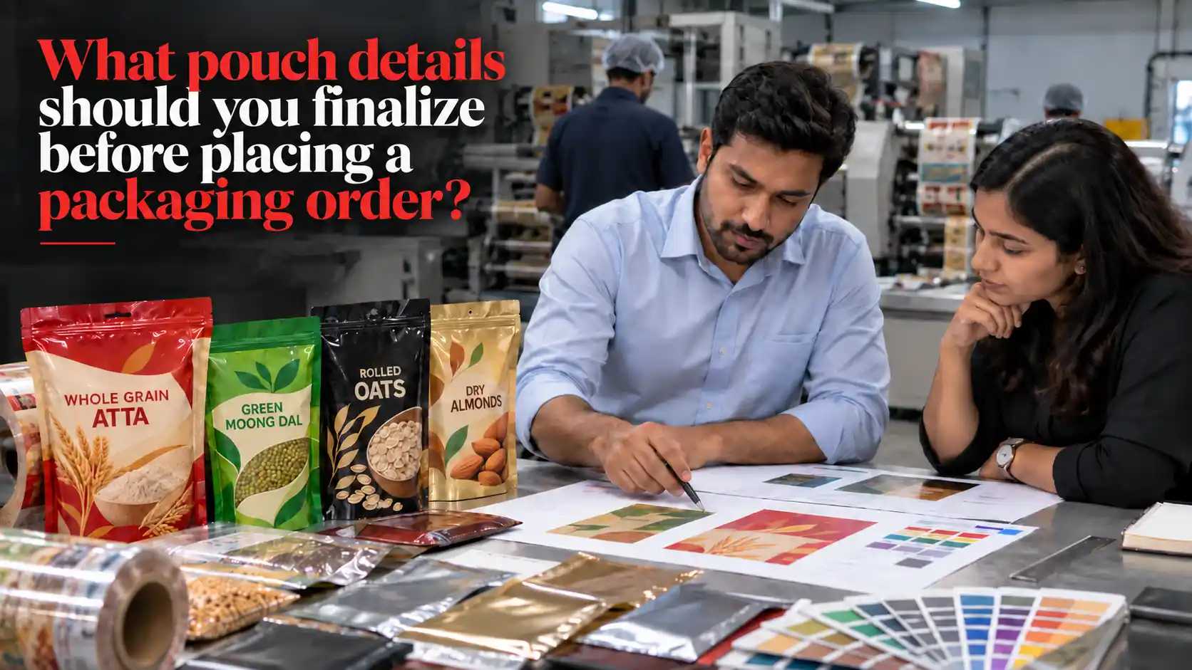 Packaging Pouch Manufacturers reviewing pouch sizes, materials, colors, printing designs, and product requirements before starting a packaging order