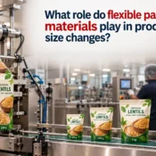 Flexible packaging materials running through a packaging machine and forming lentil pouches in 250 g, 500 g, 1 kg, and 2 kg sizes