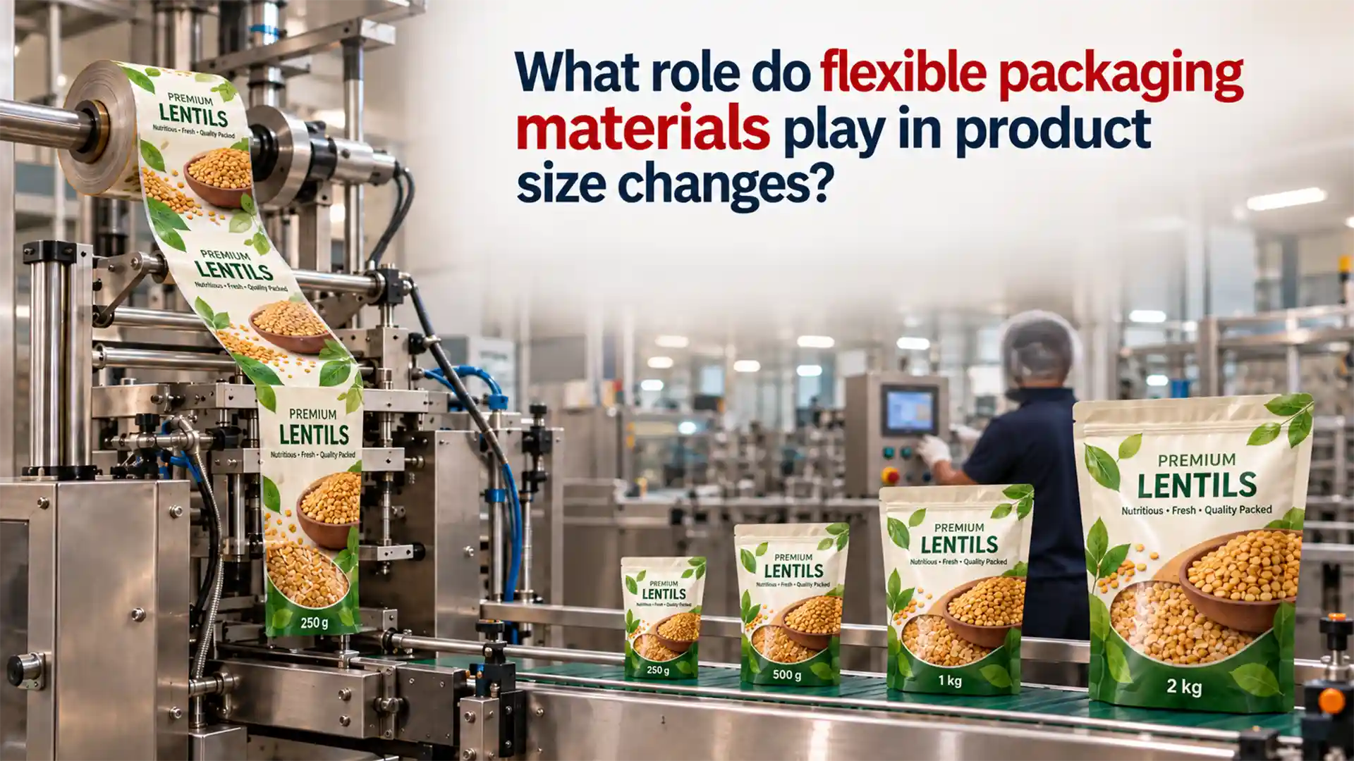 Flexible packaging materials running through a packaging machine and forming lentil pouches in 250 g, 500 g, 1 kg, and 2 kg sizes
