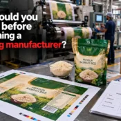 Packaging Manufacturer reviewing basmati rice pouch artwork, material structure, size, quantity, and stand-up pouch specifications before production