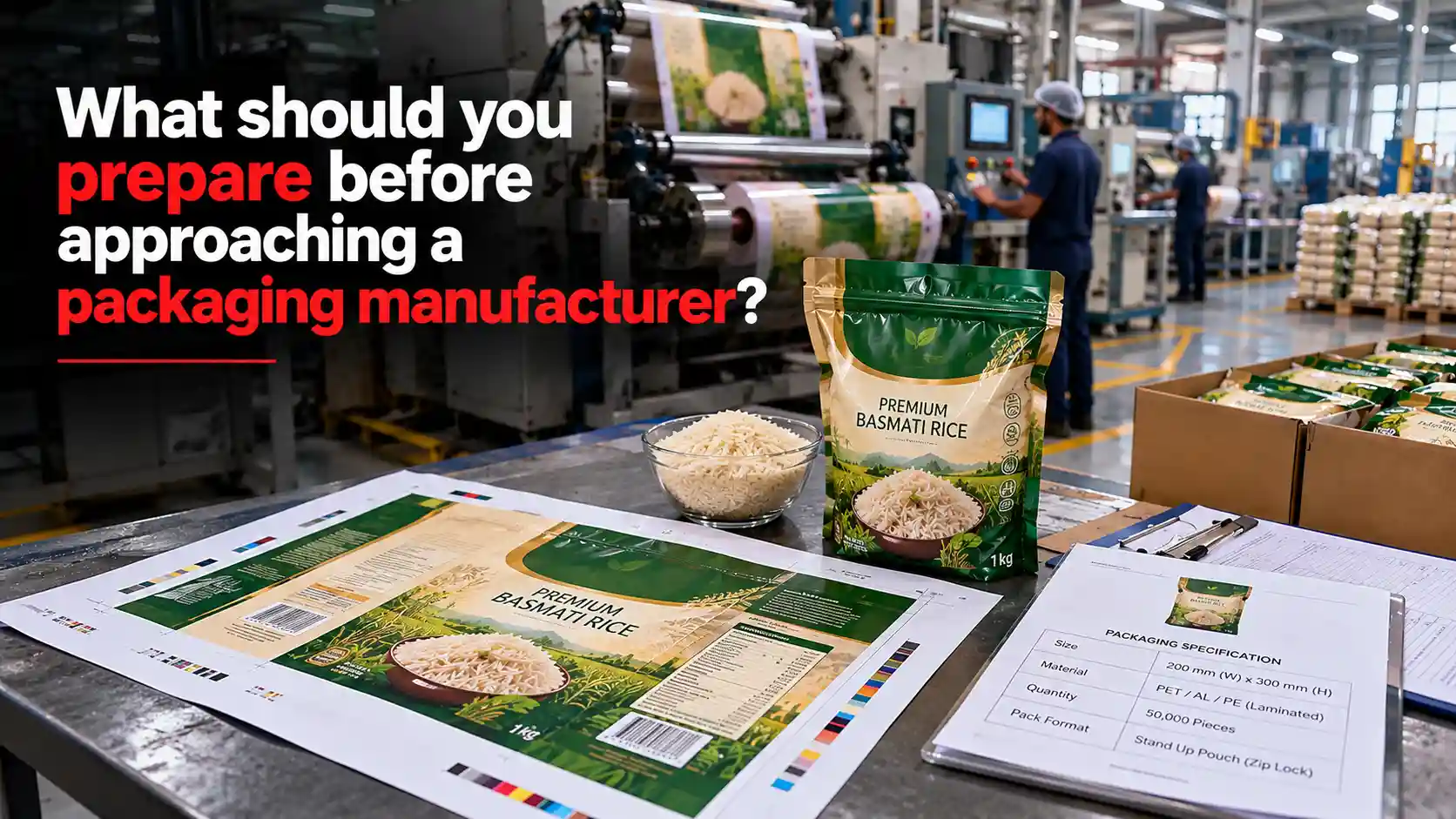 Packaging Manufacturer reviewing basmati rice pouch artwork, material structure, size, quantity, and stand-up pouch specifications before production