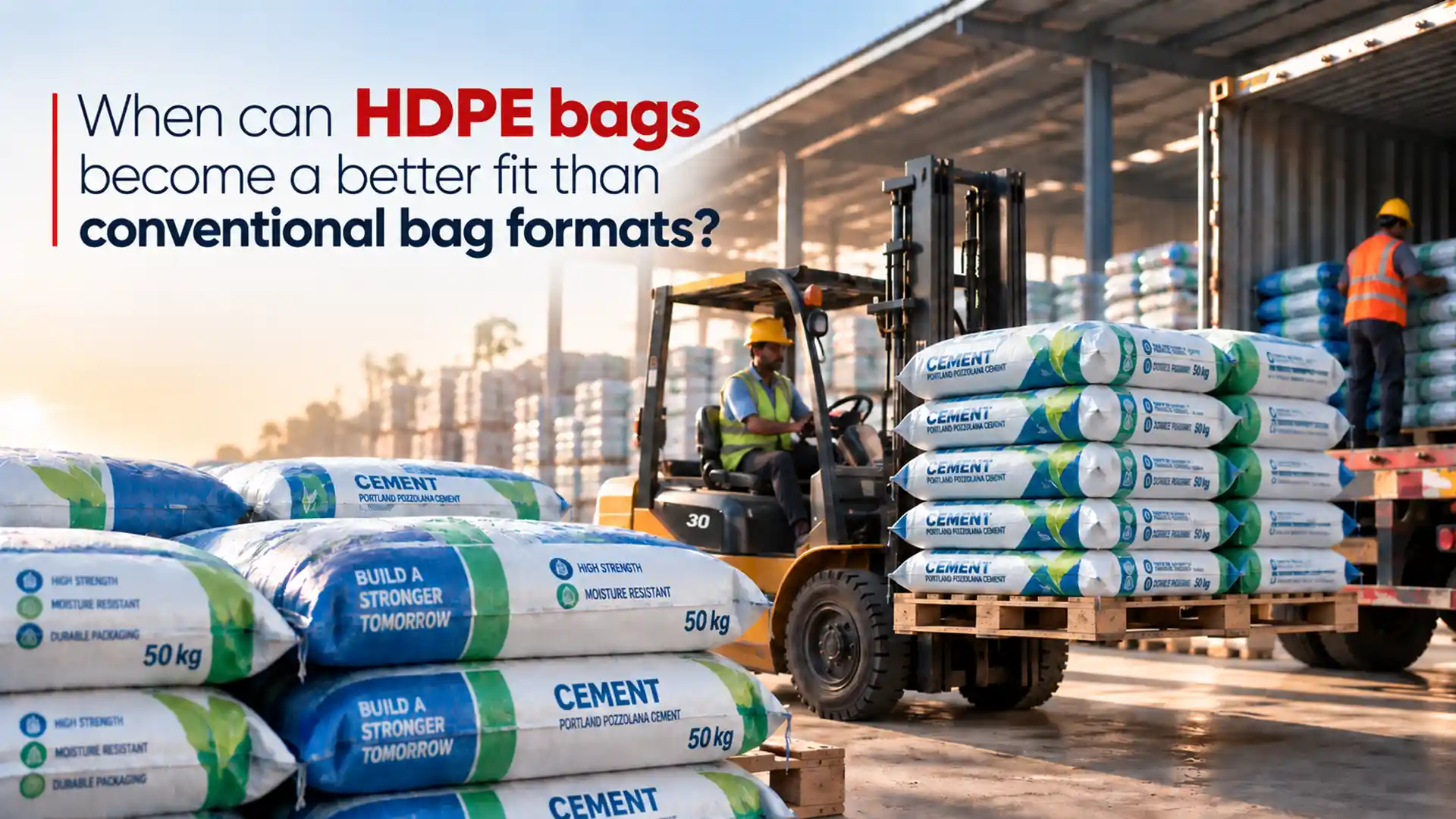 HDPE Bag Suppliers providing durable 50 kg cement bags for pallet storage, forklift handling, and truck loading