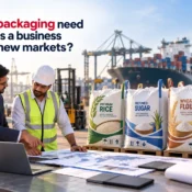 Business team reviewing export requirements beside bulk food packaging at a shipping port with support from a packaging manufacturer