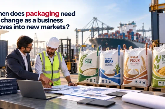 When does packaging need to change as a business moves into new markets?
