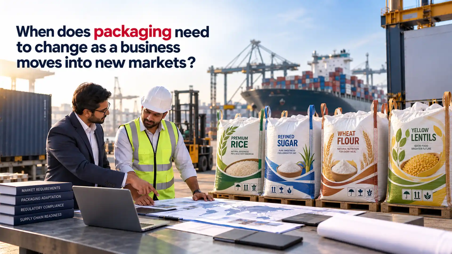 Business team reviewing export requirements beside bulk food packaging at a shipping port with support from a packaging manufacturer