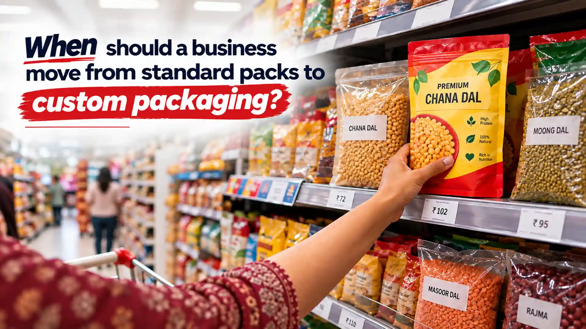 Packaging Manufacturer creating custom food pouches for retail shelves, including branded chana dal packaging alongside standard transparent packs