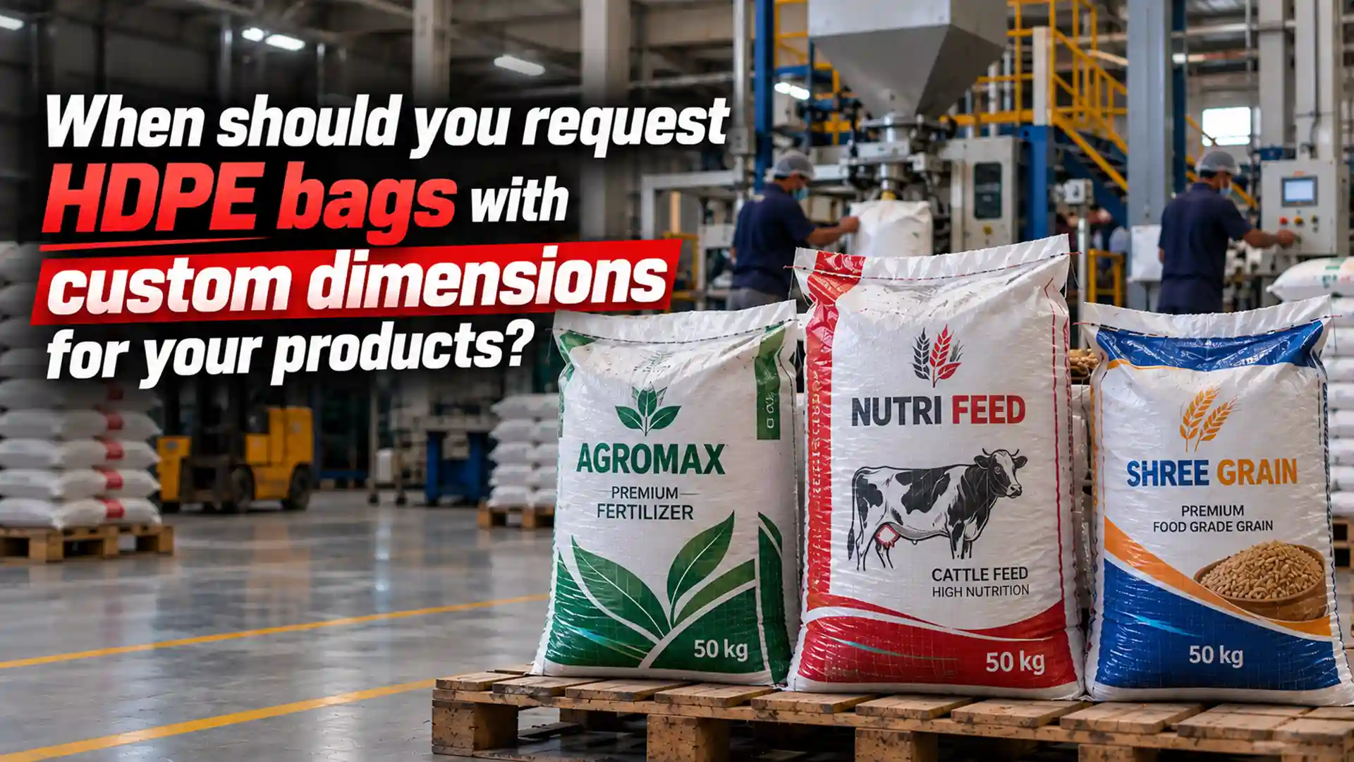 HDPE Bag Suppliers providing custom-sized bags for fertilizer, cattle feed, and grain products in a packaging production facility