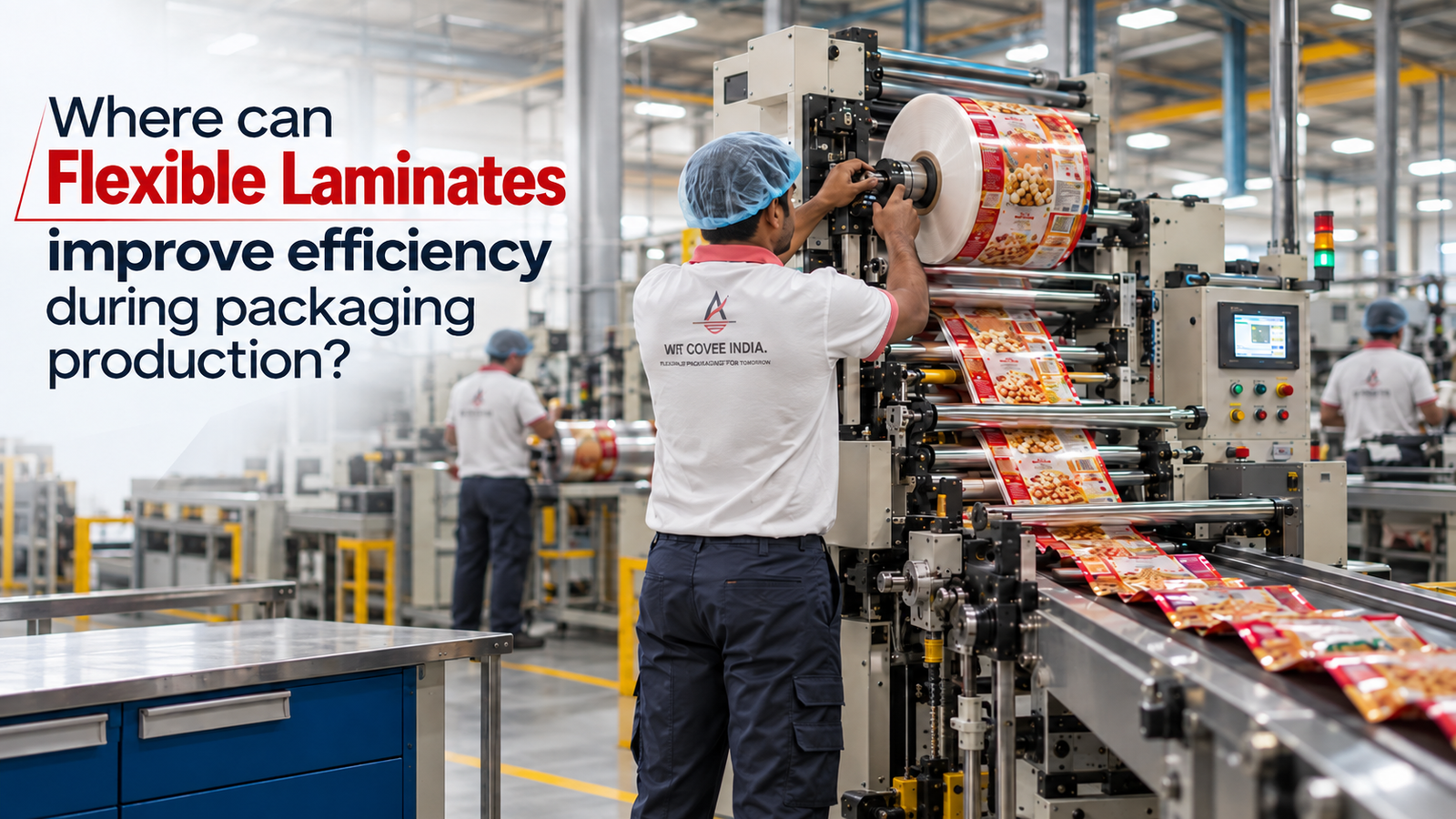 Flexible Laminates running through an automated packaging machine while workers manage printed film rolls and pouch production in a factory