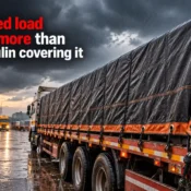 Tarpaulin Manufacturer showing a heavy truck load securely covered with a large black tarpaulin during rainy weather at a logistics yard