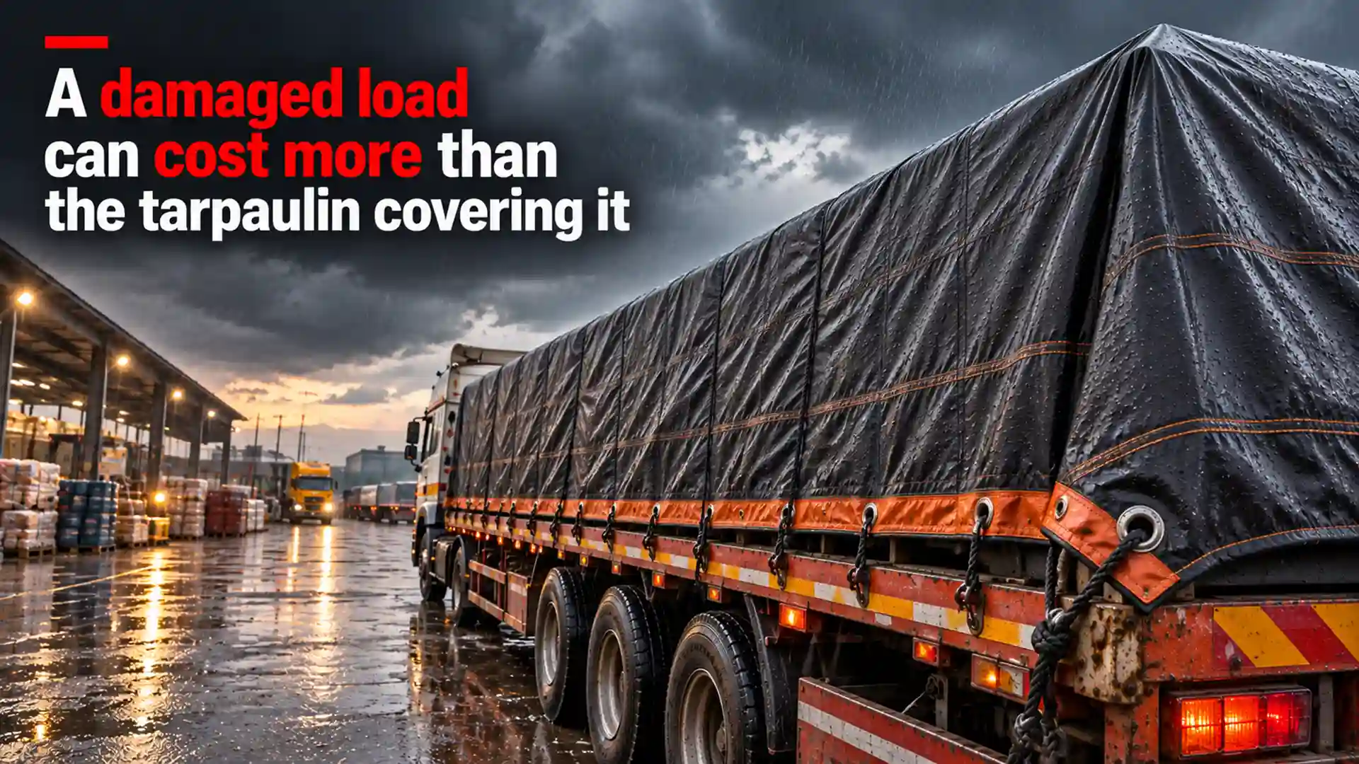 Tarpaulin Manufacturer showing a heavy truck load securely covered with a large black tarpaulin during rainy weather at a logistics yard