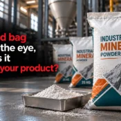 Printed 25 kg BOPP woven bags containing industrial mineral powder displayed in a factory, illustrating packaging considerations when choosing the Best BOPP Bags Brand in India