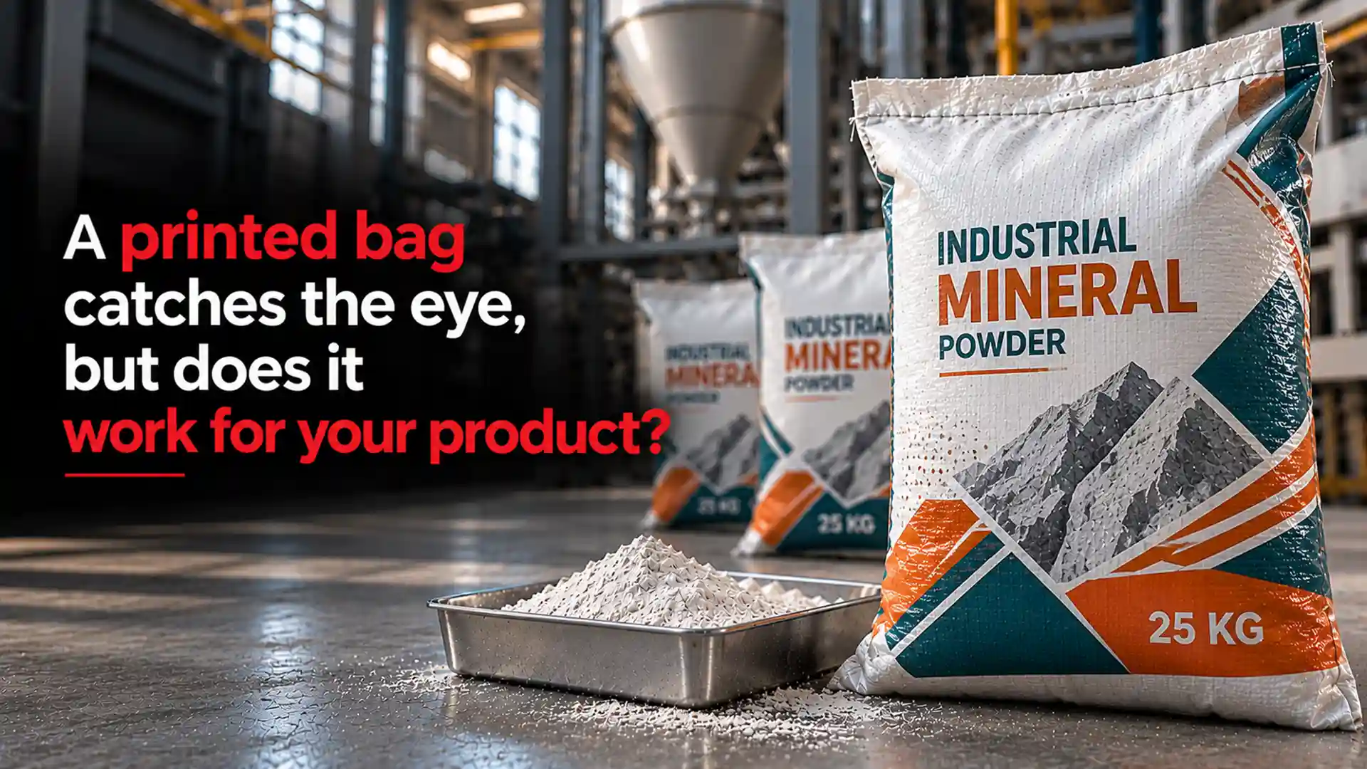 Printed 25 kg BOPP woven bags containing industrial mineral powder displayed in a factory, illustrating packaging considerations when choosing the Best BOPP Bags Brand in India